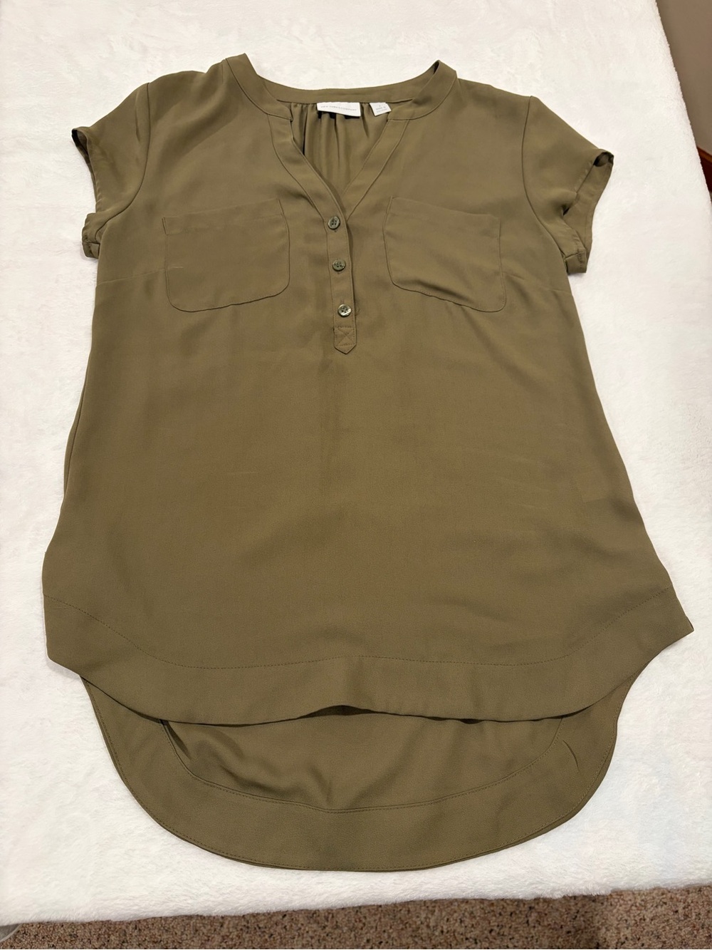 New York & Company V Neck Henley Blouse - Olive Green - Small